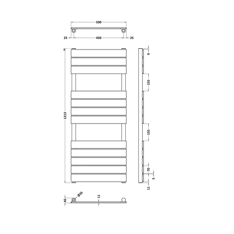 Nuie Piazza Square Flat Towel Radiator 1213x500 Contemporary Brushed Brass Steel 1213x500x100mm