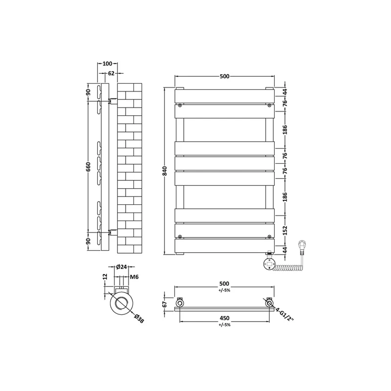 Nuie Electric Flat Panel Towel Rails Square Flat Towel Radiator 840x500 Contemporary Matt Black Steel 840x500x30mm