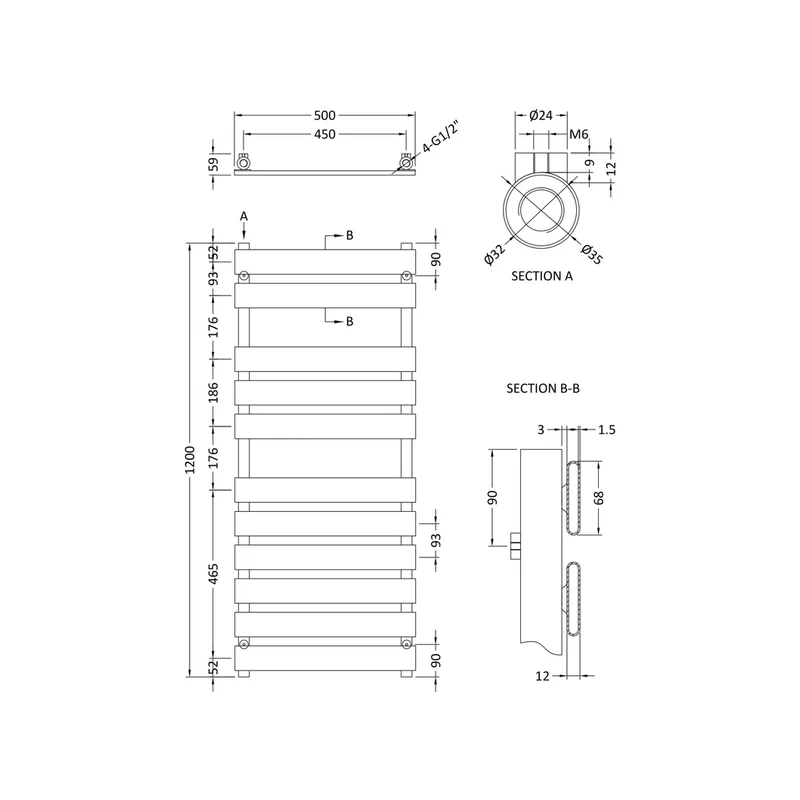 Nuie Piazza Heated Towel Rail Contemporary Chrome Steel 1200x500x59mm