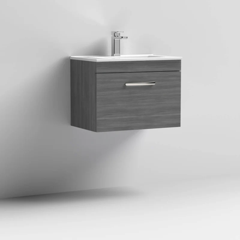 Cape 600mm Wall Hung Single Drawer Vanity Unit & Minimalist Basin - Anthracite Woodgrain