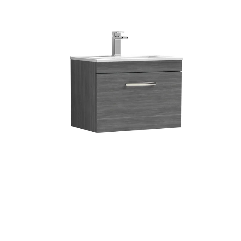Cape 600mm Wall Hung Single Drawer Vanity Unit & Minimalist Basin - Anthracite Woodgrain