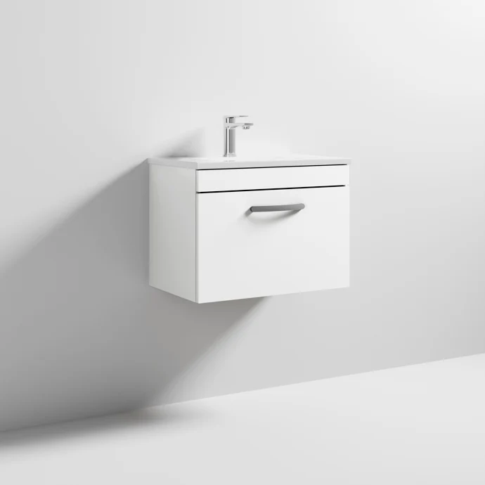 Cape 600mm Wall Hung Single Drawer Vanity Unit & Minimalist Basin - Gloss White
