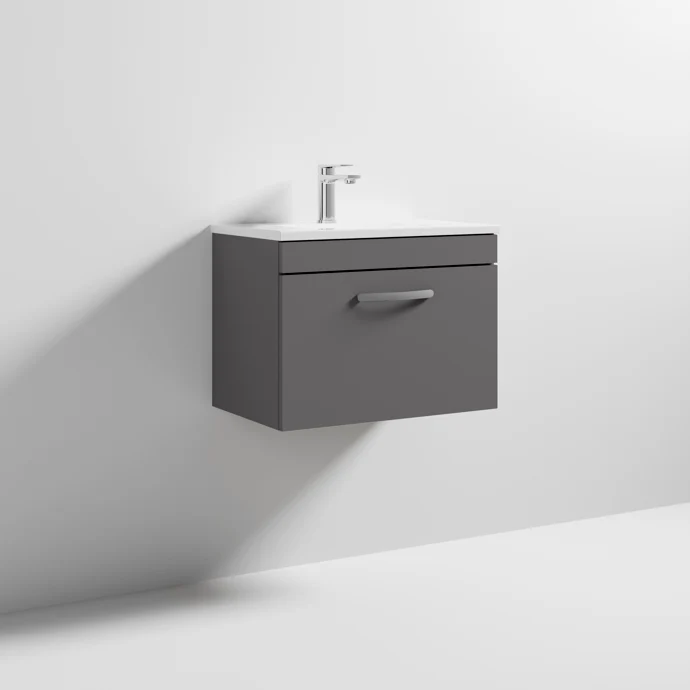 Cape 600mm Wall Hung Single Drawer Vanity Unit & Minimalist Basin - Gloss Grey