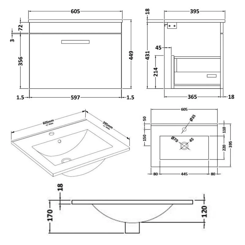 Cape 600mm Wall Hung Single Drawer Vanity Unit & Minimalist Basin - Gloss Grey