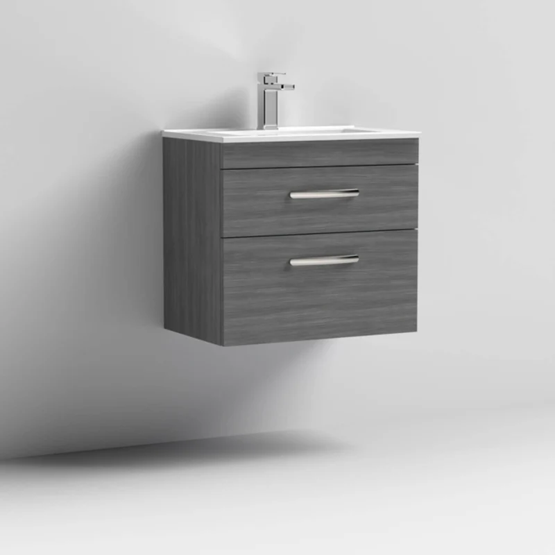 Cape 600mm Wall Hung 2 Drawer Vanity Unit & Minimalist Basin - Anthracite Woodgrain