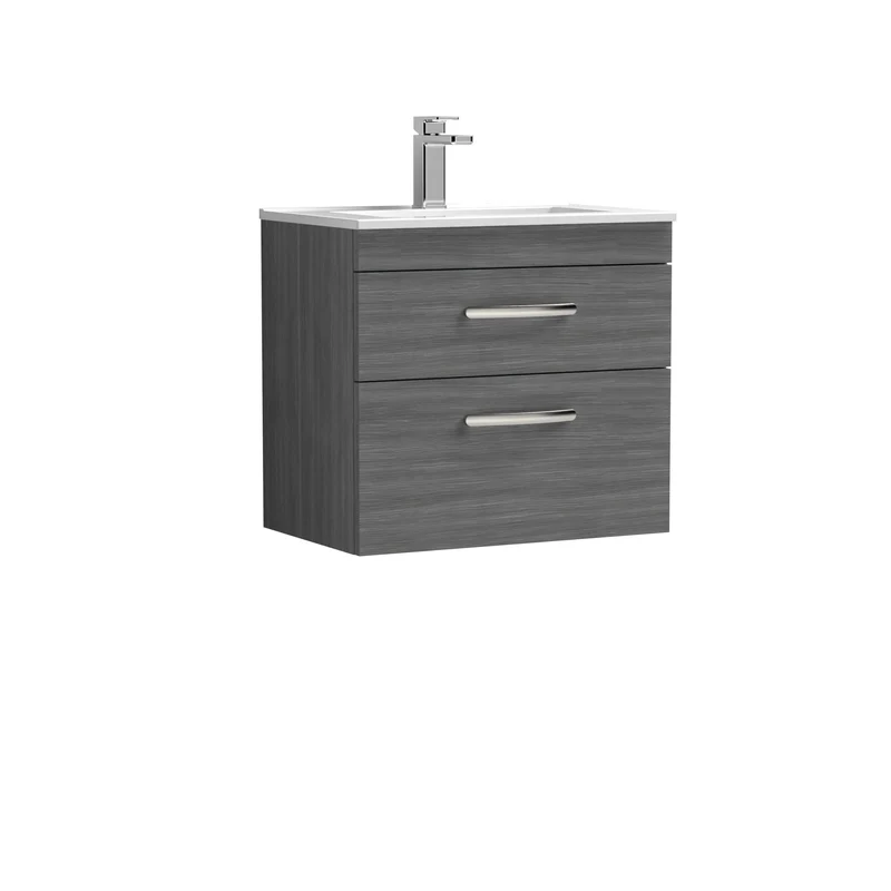 Cape 600mm Wall Hung 2 Drawer Vanity Unit & Minimalist Basin - Anthracite Woodgrain
