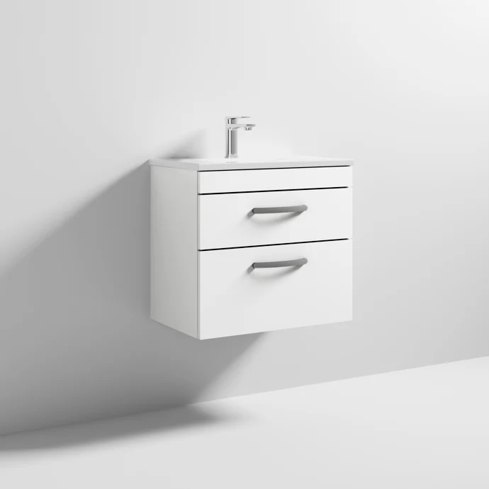 Cape 600mm Wall Hung 2 Drawer Vanity Unit & Minimalist Basin - Gloss White