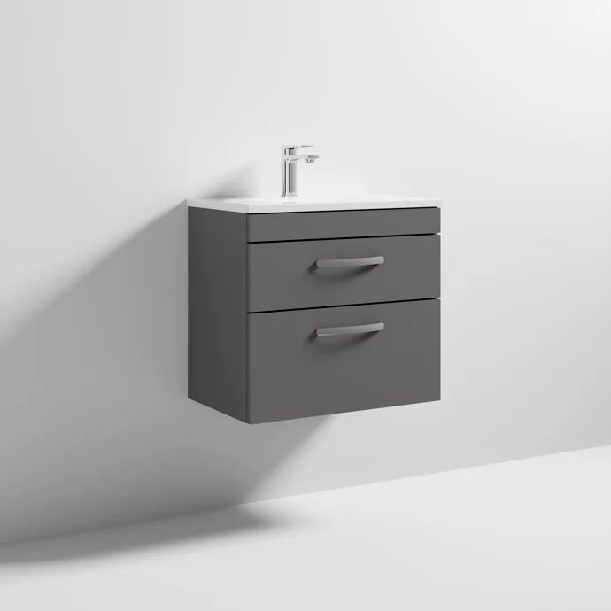Cape 600mm Wall Hung 2 Drawer Vanity Unit & Minimalist Basin - Gloss Grey