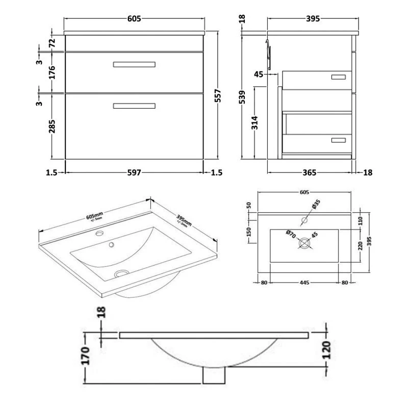 Cape 600mm Wall Hung 2 Drawer Vanity Unit & Minimalist Basin - Gloss Grey