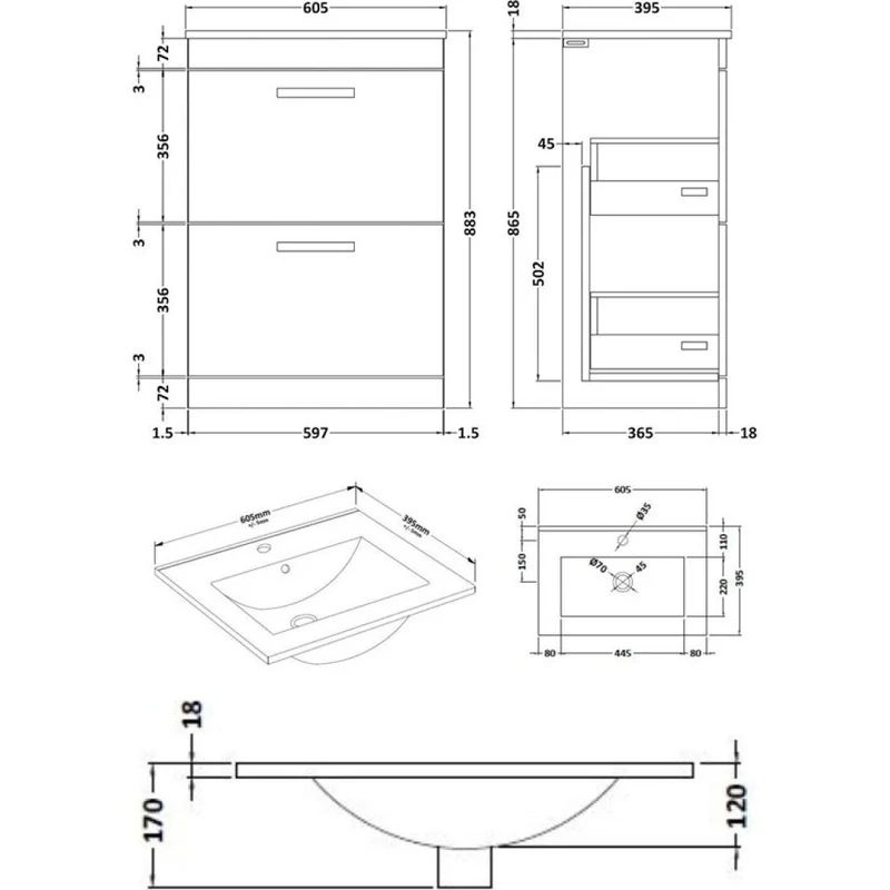Cape 600mm Floor Standing 2 Drawer Vanity Unit & Minimalist Basin - Charcoal Black