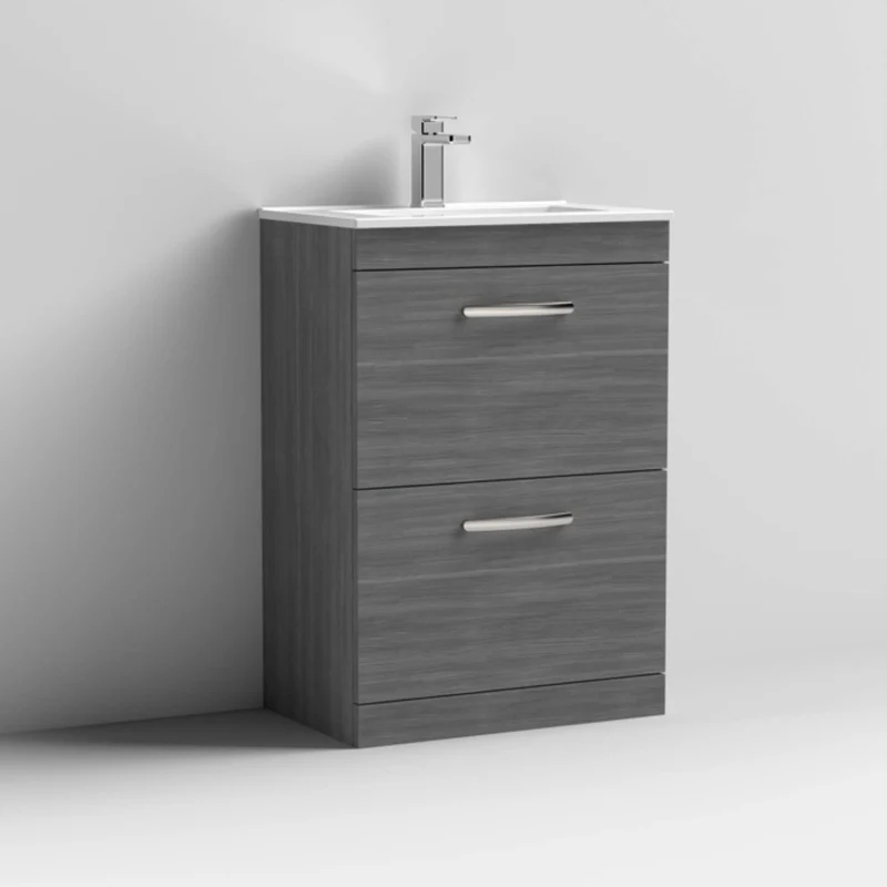 Cape 600mm Floor Standing 2 Drawer Vanity Unit & Minimalist Basin - Anthracite Woodgrain