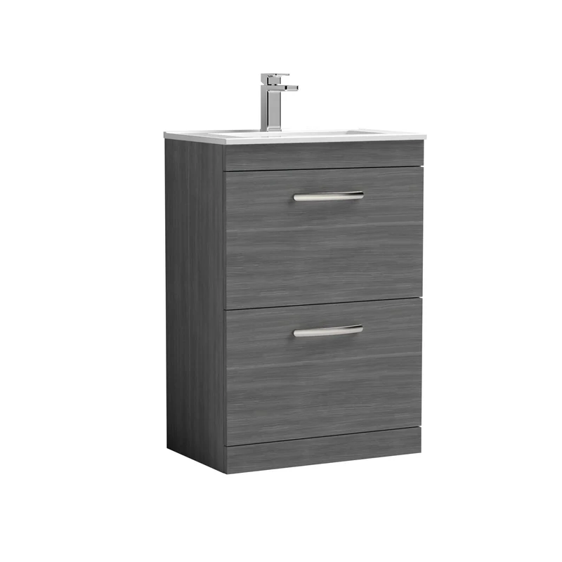 Cape 600mm Floor Standing 2 Drawer Vanity Unit & Minimalist Basin - Anthracite Woodgrain