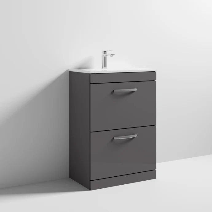 Cape 600mm Floor Standing 2 Drawer Vanity Unit & Minimalist Basin - Gloss Grey