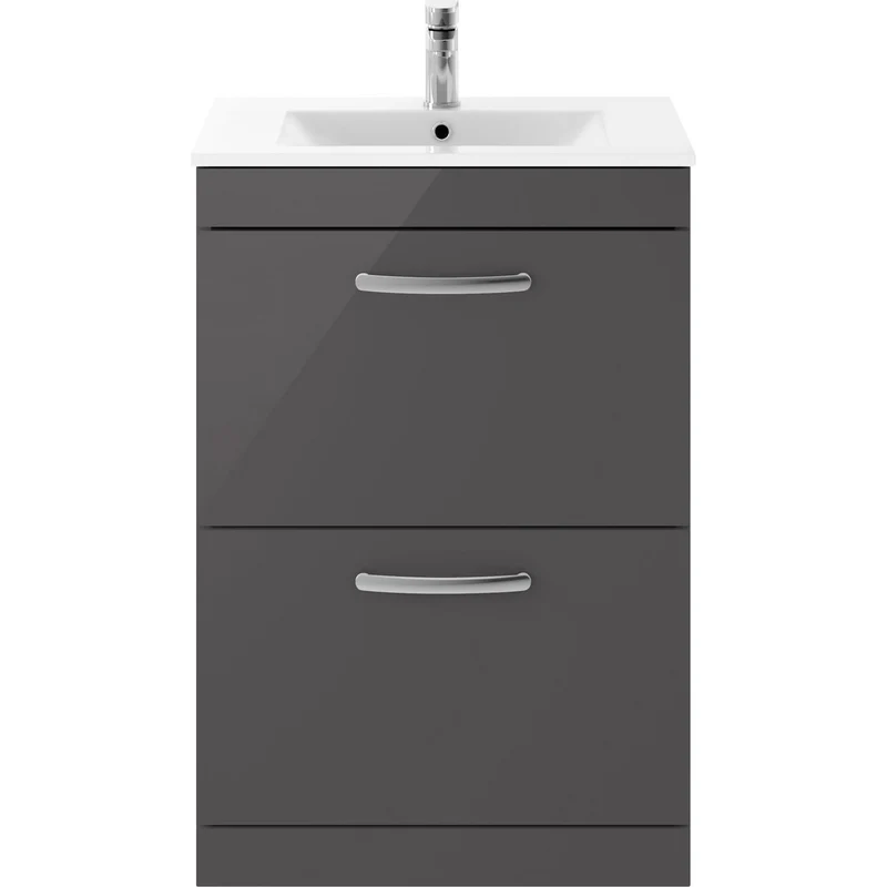 Cape 600mm Floor Standing 2 Drawer Vanity Unit & Minimalist Basin - Gloss Grey