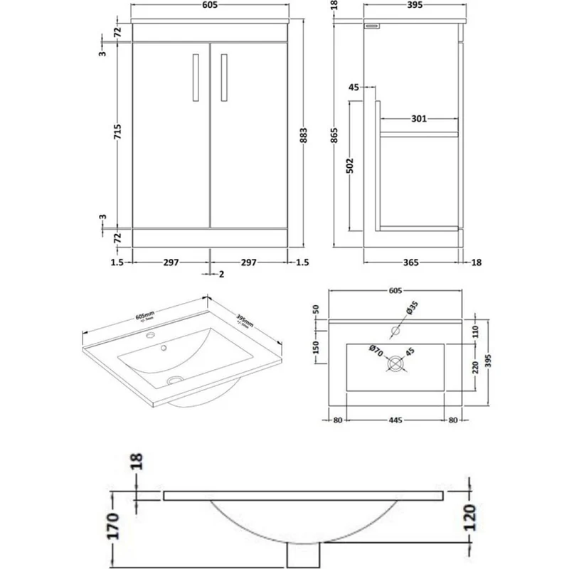 Cape 600mm Floor Standing 2 Door Vanity Unit & Minimalist Basin - Charcoal Black