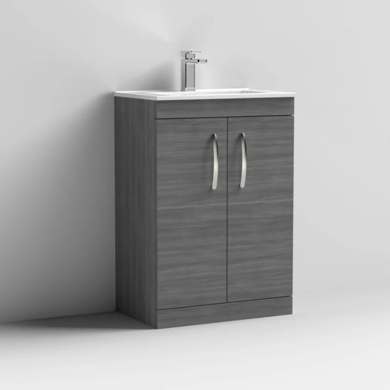 Cape 600mm Floor Standing 2 Door Vanity Unit & Minimalist Basin - Anthracite Woodgrain