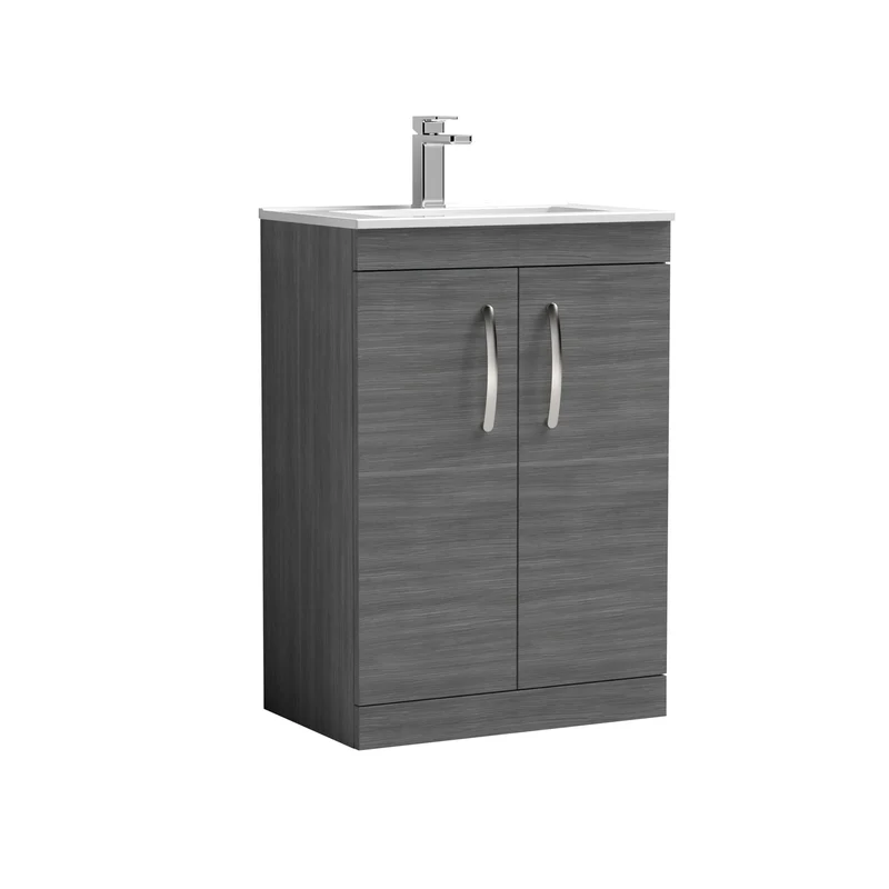 Cape 600mm Floor Standing 2 Door Vanity Unit & Minimalist Basin - Anthracite Woodgrain