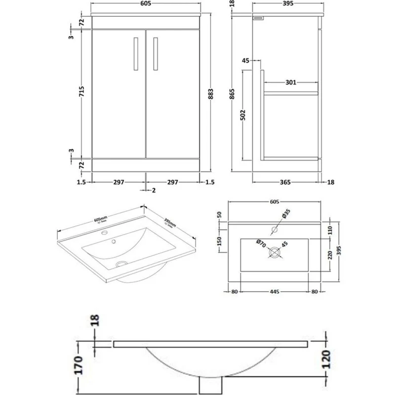 Cape 600mm Floor Standing 2 Door Vanity Unit & Minimalist Basin - Anthracite Woodgrain