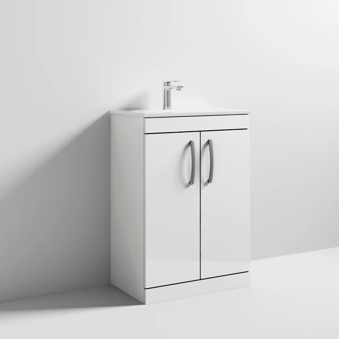 Cape 600mm Floor Standing 2 Door Vanity Unit & Minimalist Basin - Gloss White