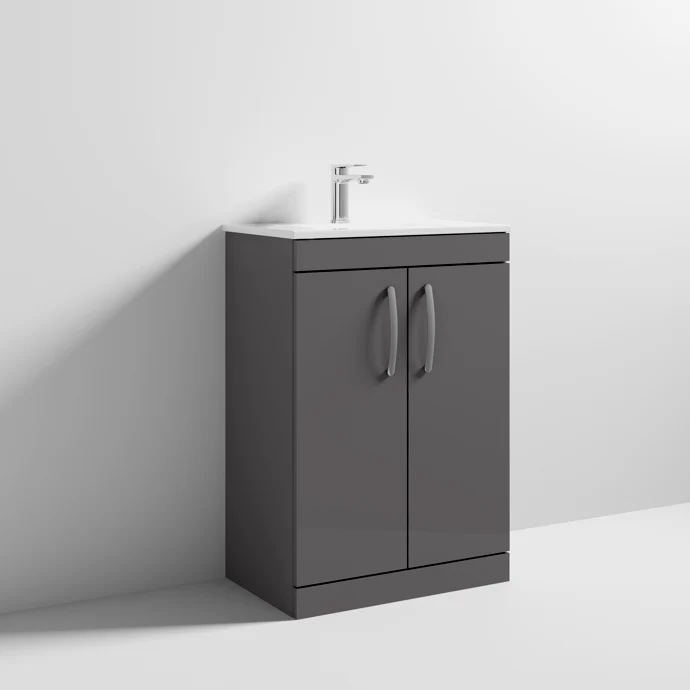 Cape 600mm Floor Standing 2 Door Vanity Unit & Minimalist Basin - Gloss Grey