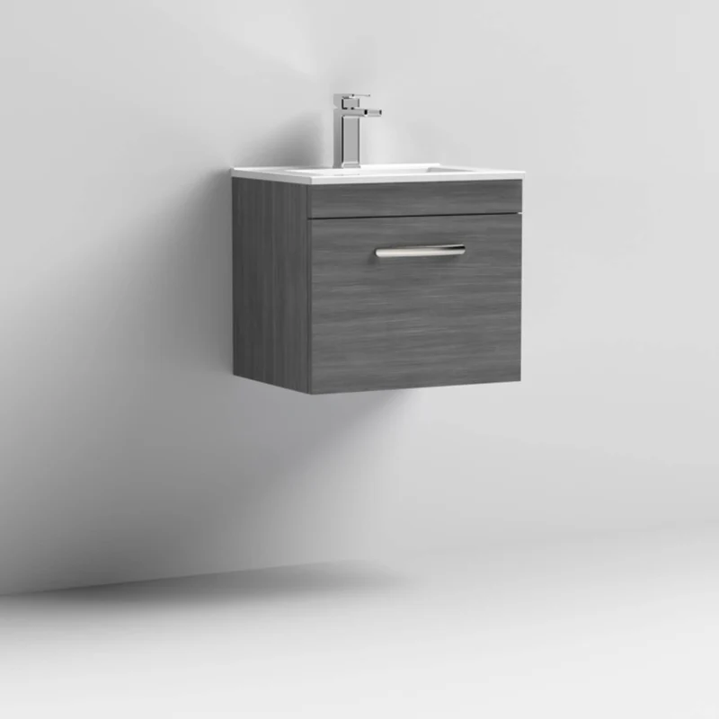 Cape 500mm Wall Hung Single Drawer Vanity Unit & Minimalist Basin - Anthracite Woodgrain