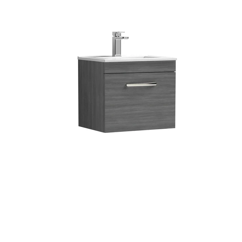 Cape 500mm Wall Hung Single Drawer Vanity Unit & Minimalist Basin - Anthracite Woodgrain