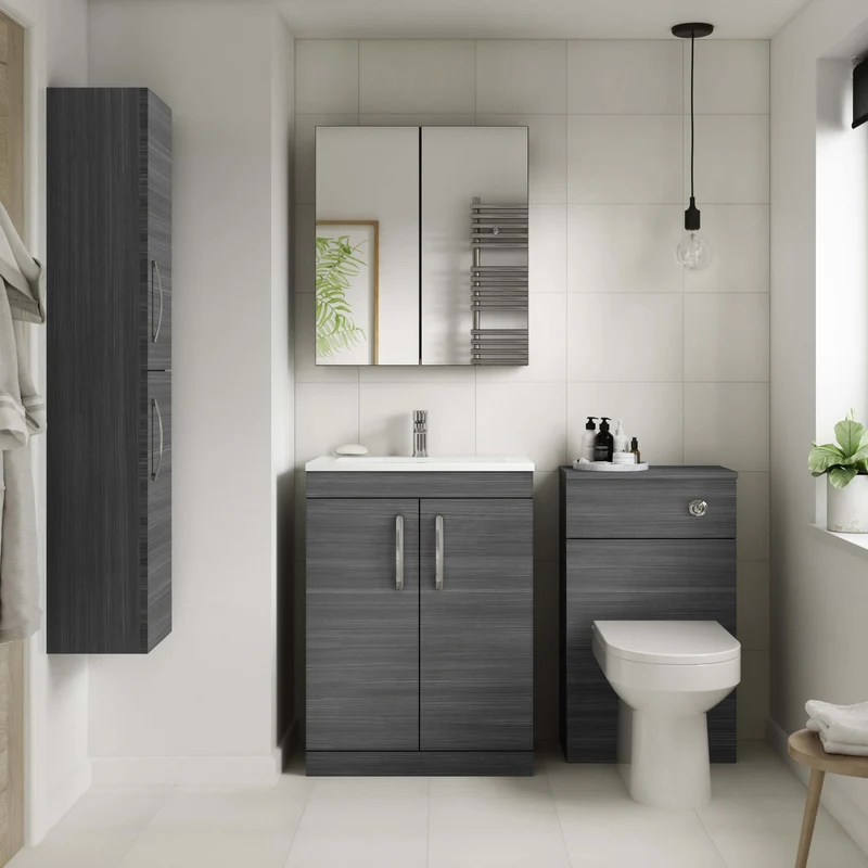 Cape 500mm Wall Hung Single Drawer Vanity Unit & Minimalist Basin - Anthracite Woodgrain