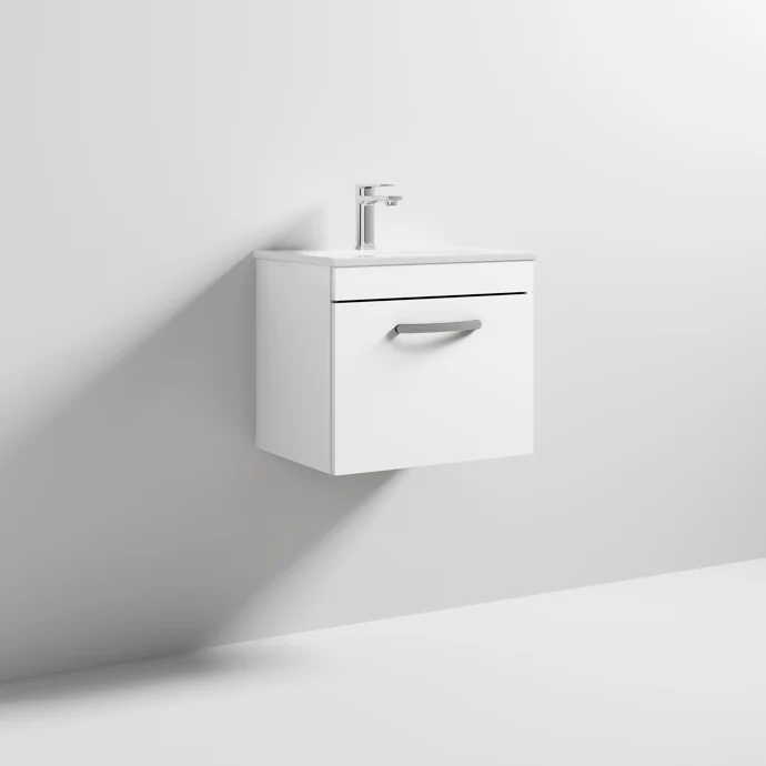 Cape 500mm Wall Hung Single Drawer Vanity Unit & Minimalist Basin - Gloss White