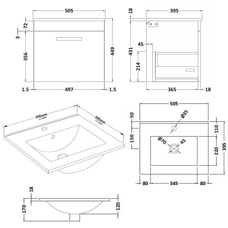 Cape 500mm Wall Hung Single Drawer Vanity Unit & Minimalist Basin - Gloss White