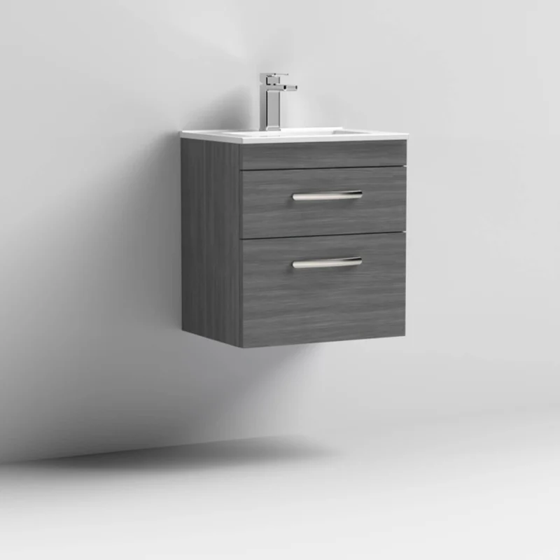 Cape 500mm Wall Hung 2 Drawer Vanity Unit & Minimalist Basin - Anthracite Woodgrain