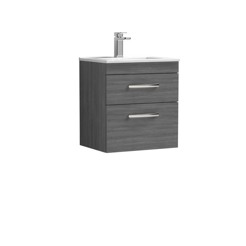 Cape 500mm Wall Hung 2 Drawer Vanity Unit & Minimalist Basin - Anthracite Woodgrain