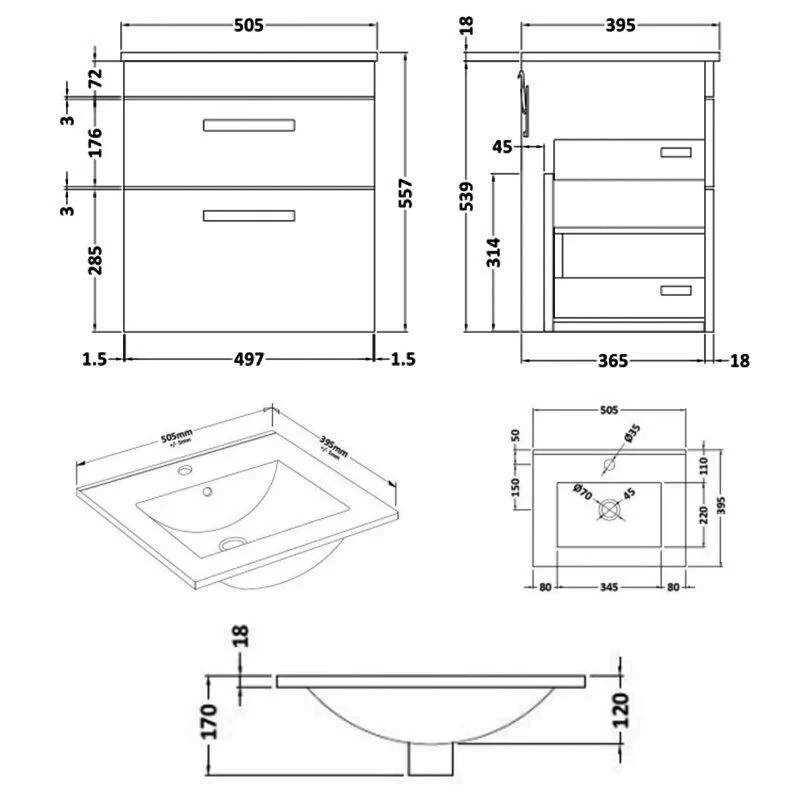 Cape 500mm Wall Hung 2 Drawer Vanity Unit & Minimalist Basin - Gloss White