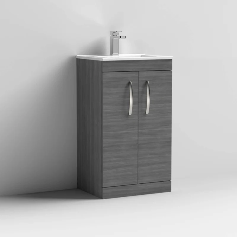 Cape 500mm Floor Standing 2 Door Vanity Unit & Minimalist Basin - Anthracite Woodgrain