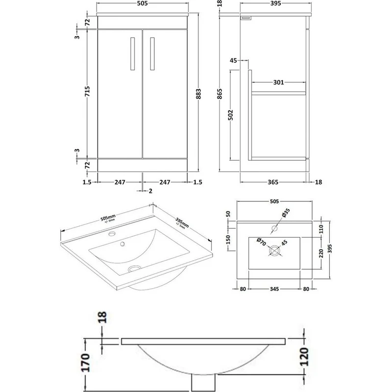 Cape 500mm Floor Standing 2 Door Vanity Unit & Minimalist Basin - Anthracite Woodgrain