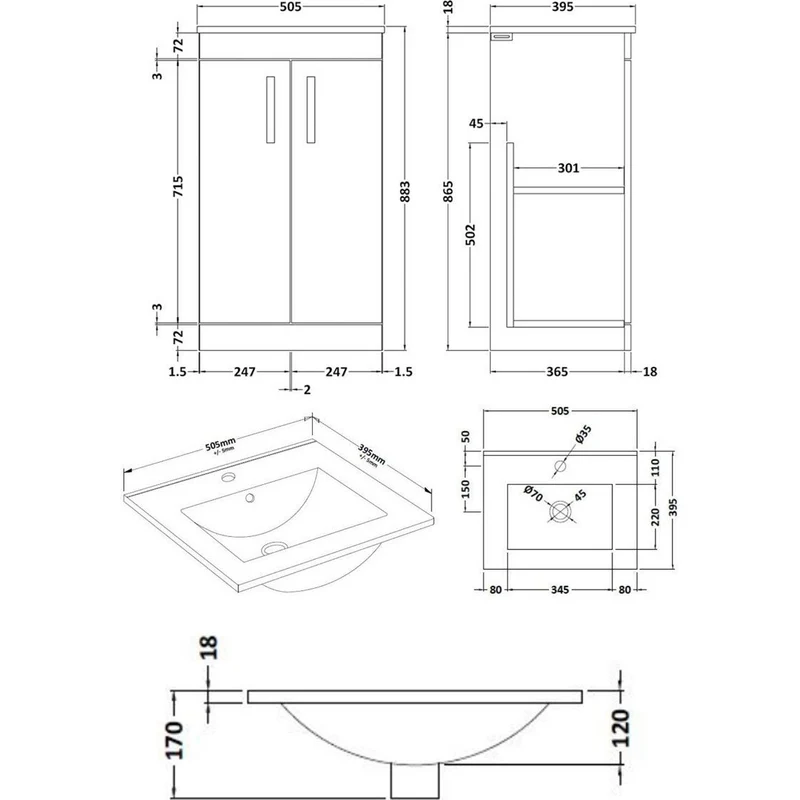Cape 500mm Floor Standing 2 Door Vanity Unit & Minimalist Basin - Gloss Grey