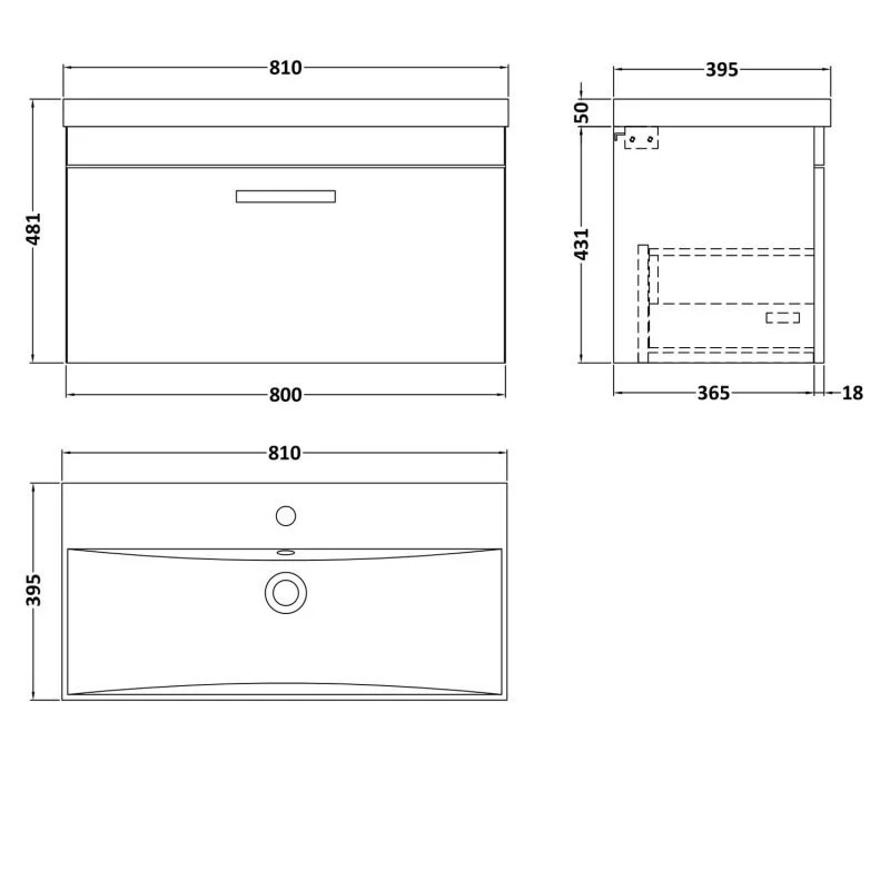Cape 800mm Wall Hung Single Drawer Vanity Unit & Thin Edge Basin - Gloss White