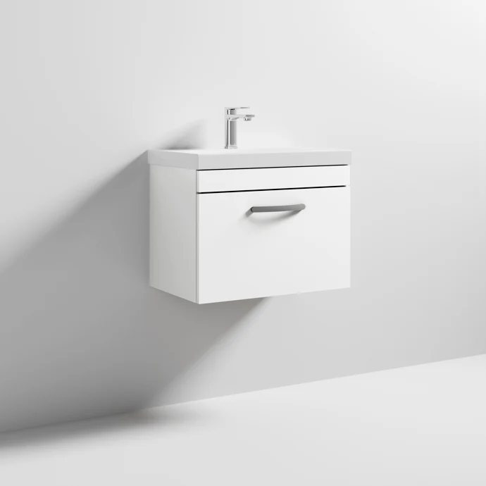Cape 600mm Wall Hung Single Drawer Vanity Unit & Thin Edge Basin - Gloss White