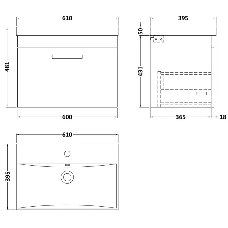 Cape 600mm Wall Hung Single Drawer Vanity Unit & Thin Edge Basin - Gloss White
