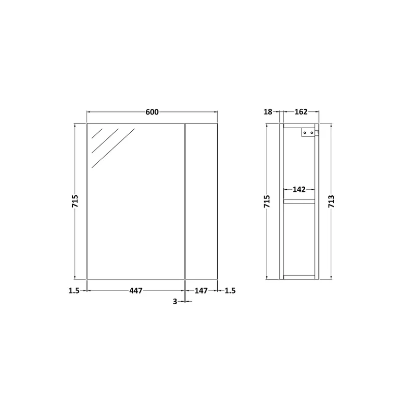 Nuie Athena 600mm Mirror Unit (75/25) Contemporary Gloss Grey MFC Painted Gloss 713x600x162mm