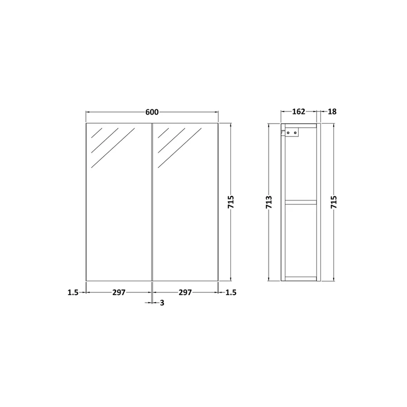 Nuie Athena 600mm Mirror Unit (50/50) Contemporary Gloss Grey MFC Painted Gloss 713x600x162mm