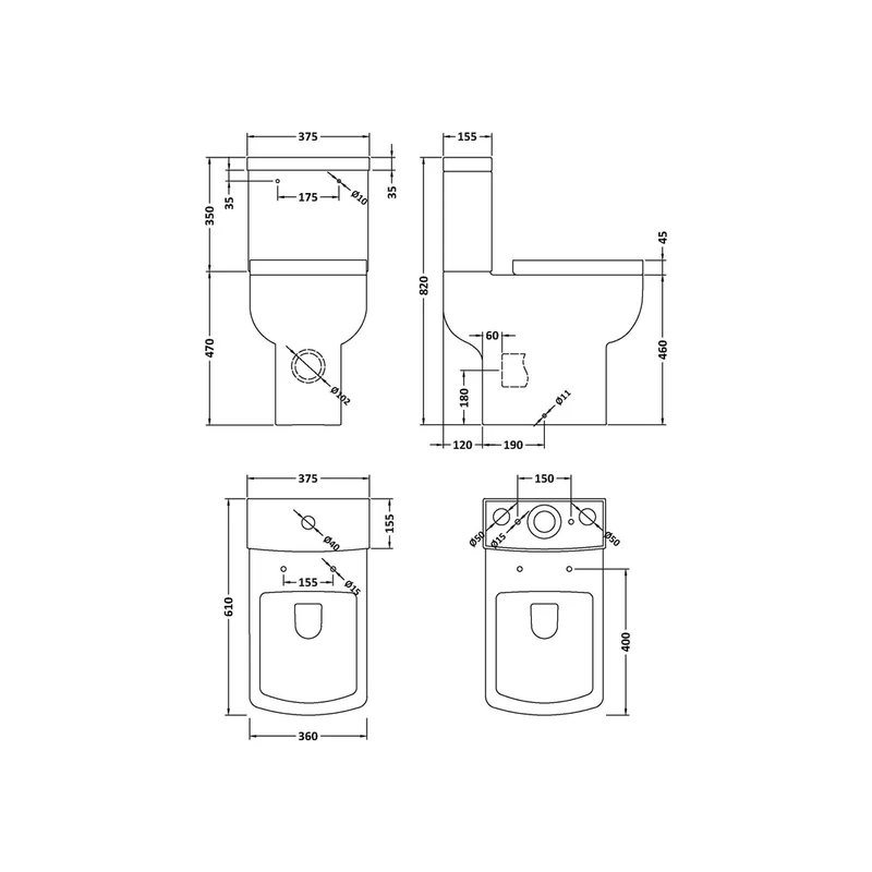 Nuie Ava Comfort Height Pan, Cistern & Seat Contemporary White Vitreous China 854x385x610mm