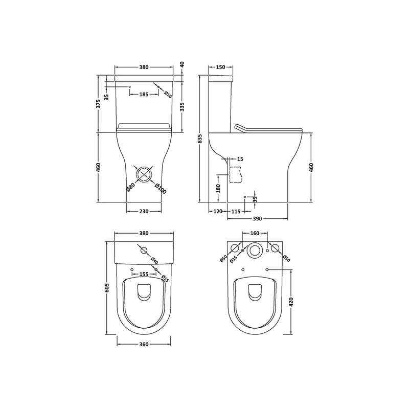 Nuie Freya Comfort Height Rimless Pan, Cistern & Seat Contemporary White Vitreous China 845x380x605mm