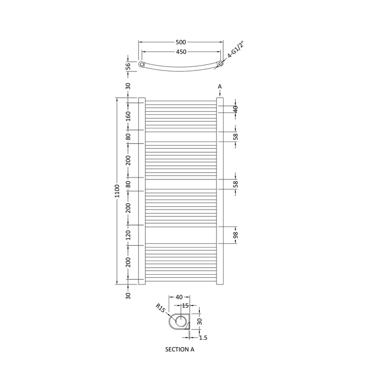Nuie Curved Ladder Rail Contemporary Chrome Steel 1100x500x56mm