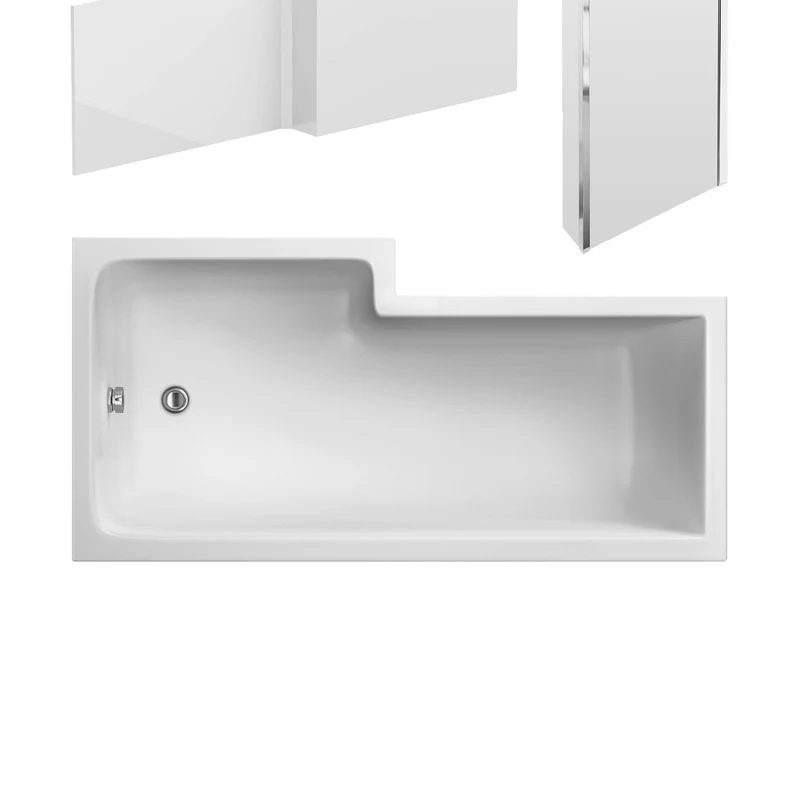 Nuie Shower Baths 1600mm Right Hand Square Shower Bath Set Contemporary White Acrylic
