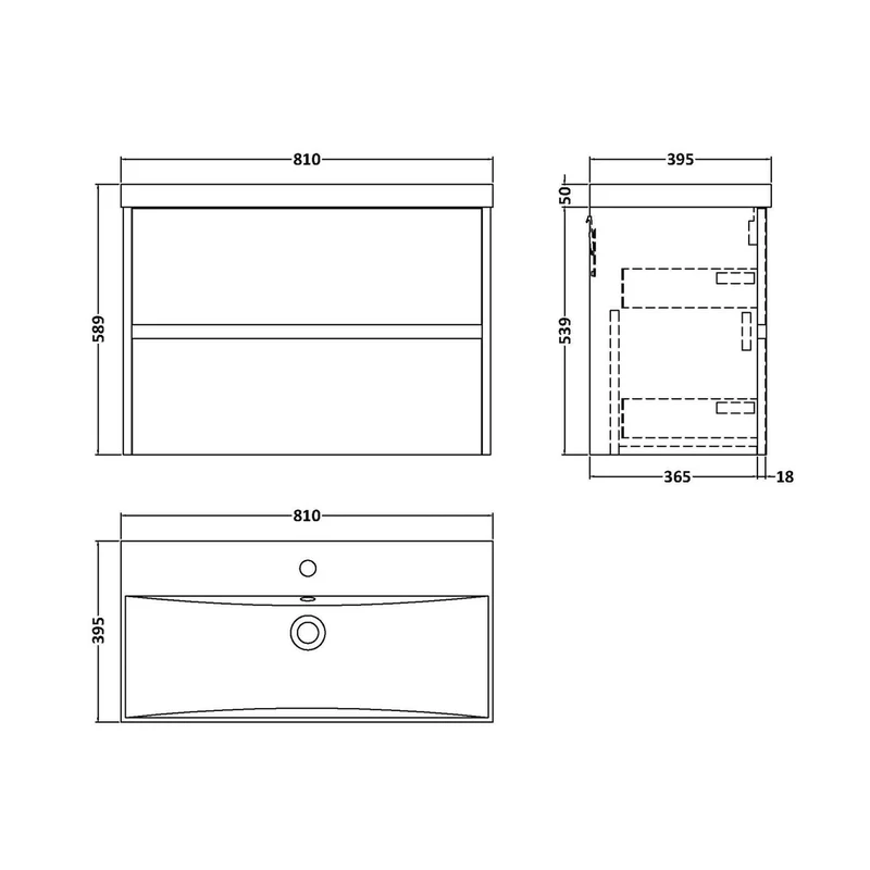 Nuie Havana 800mm Wall Hung 2-drawer Unit & Basin 3 Contemporary Midnight Blue MFC Painted Matt 589x810x395mm