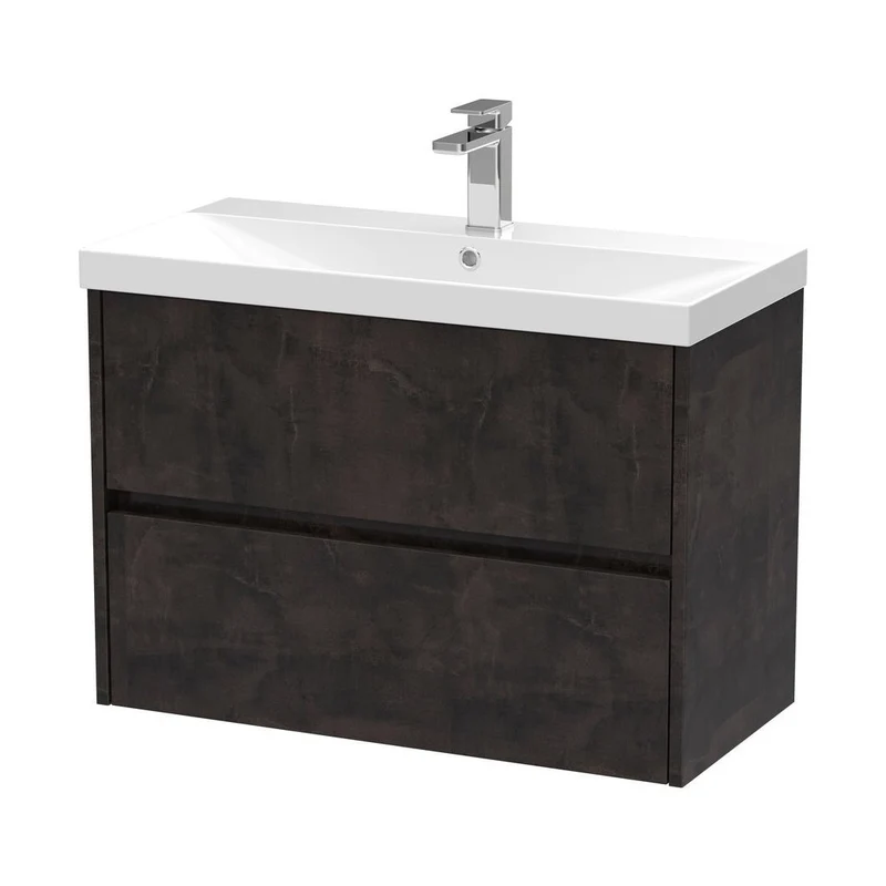Nuie Havana 800mm Wall Hung 2 Drawer Unit & Basin 3 Contemporary Metallic Slate MFC Textured Matt 589x810x395mm