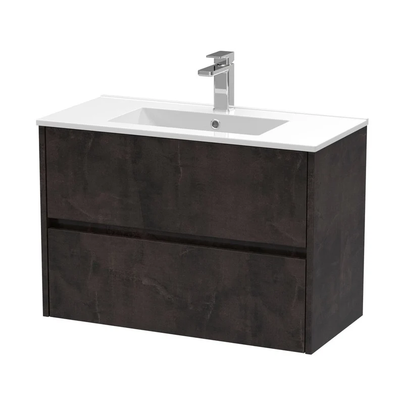 Nuie Havana 800mm Wall Hung 2 Drawer Unit & Basin 2 Contemporary Metallic Slate MFC Textured Matt 557x800x390mm