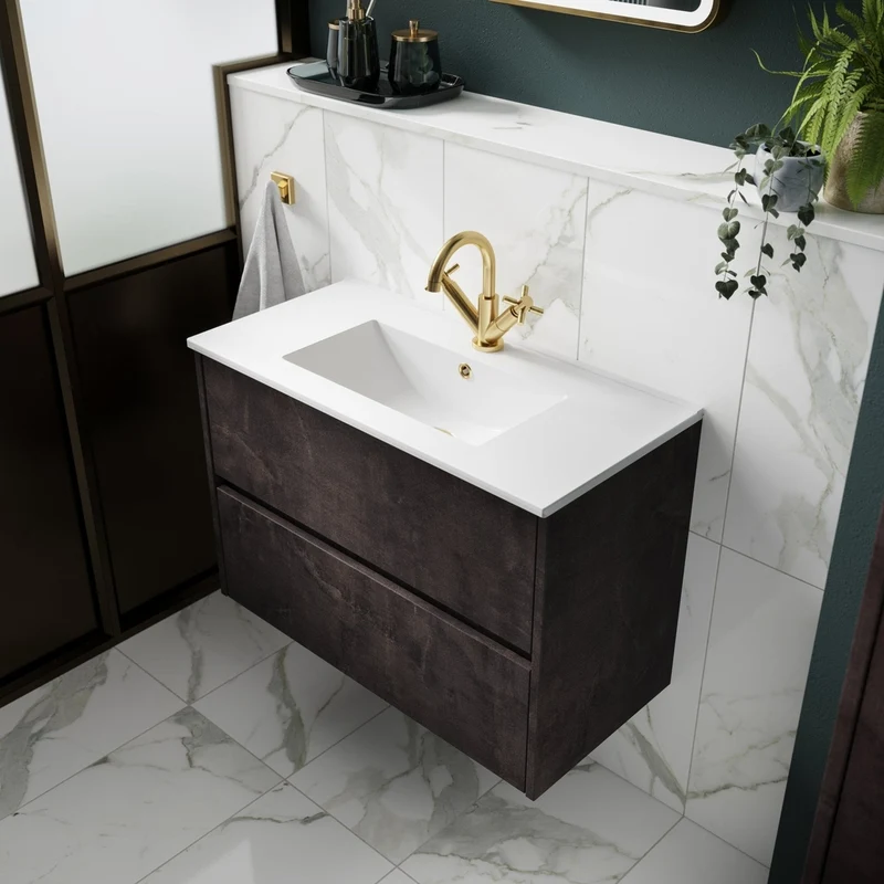 Nuie Havana 800mm Wall Hung 2 Drawer Unit & Basin 2 Contemporary Metallic Slate MFC Textured Matt 557x800x390mm