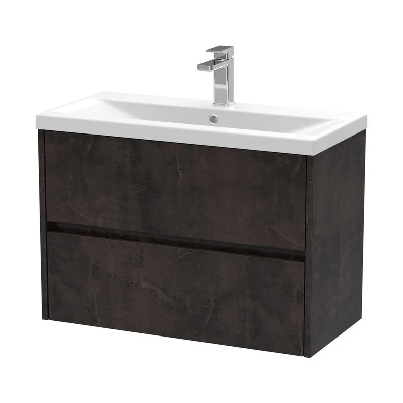 Nuie Havana 800mm Wall Hung 2 Drawer Unit & Basin 1 Contemporary Metallic Slate MFC Textured Matt 579x810x390mm