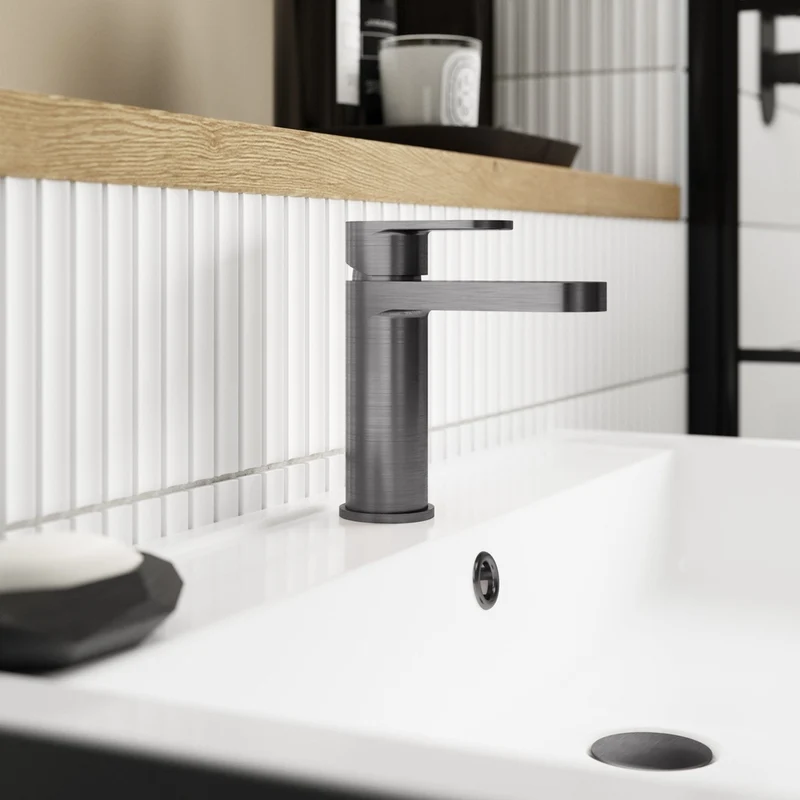 Nuie Binsey Mono Basin Mixer With Push Button Waste Contemporary Brushed Pewter Brass 160x52x147mm